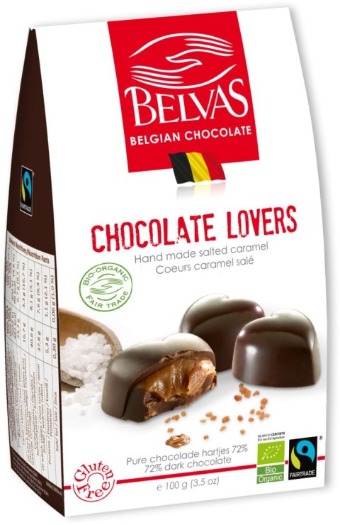 CZEKOLADKI BELGIJSKIE SERCA Z KARMELEM I SOLĄ MORSKĄ FAIR TRADE BEZGLUTENOWE BIO 100 g - BELVAS