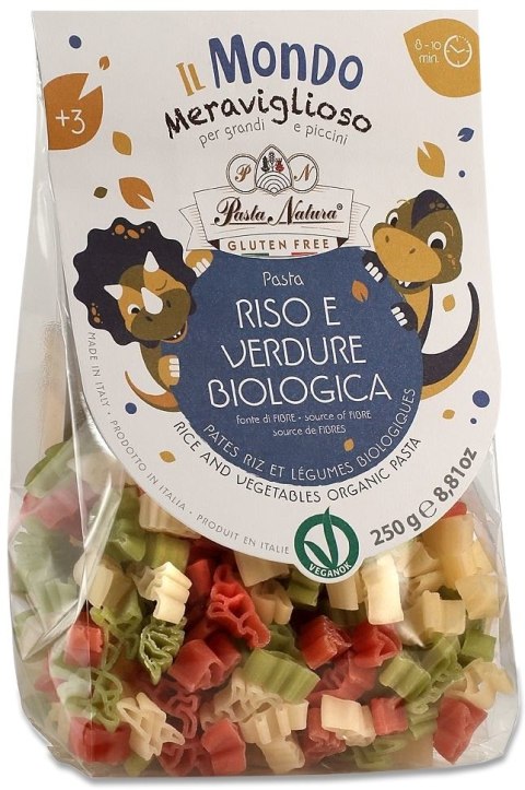 MAKARON (RYŻOWY TRÓJKOLOROWY) DLA DZIECI DINOZAURY BEZGLUTENOWY BIO 250 g - PASTA NATURA