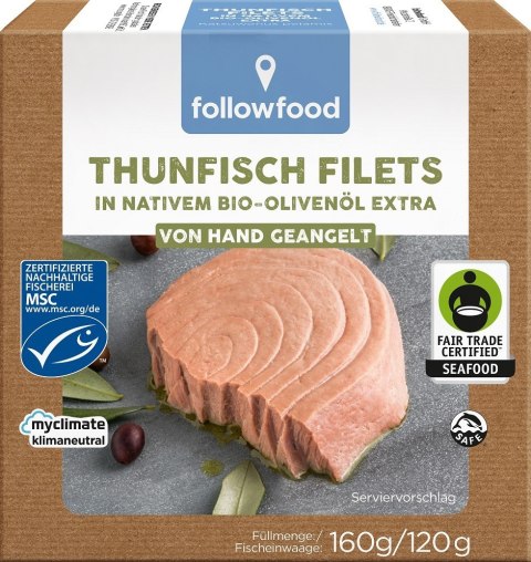 TUŃCZYK BONITO MSC FILETY FAIR TRADE W BIO OLIWIE Z OLIWEK EXTRA VIRGIN 160 g (120 g) - FOLLOWFOOD