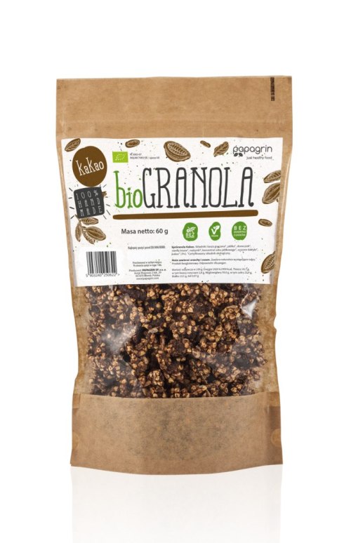 GRANOLA Z KAKAO BEZ DODATKU CUKRÓW BEZGLUTENOWA BIO 60 g - PAPAGRIN