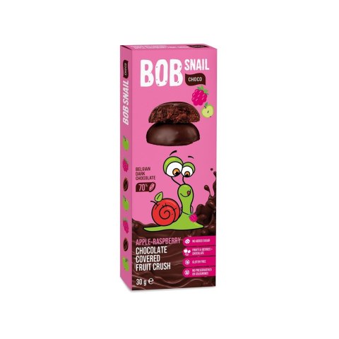 PRZEKĄSKA CHOCO JABŁKO - MALINA W CIEMNEJ CZEKOLADZIE BELGIJSKIEJ BEZ DODATKU CUKRÓW BEZGLUTENOWA 30 g - BOB SNAIL