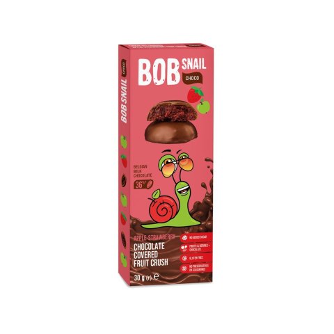 PRZEKĄSKA CHOCO JABŁKO - TRUSKAWKA W MLECZNEJ CZEKOLADZIE BIELGIJSKIEJ BEZ DODATKU CUKRÓW BEZGLUTENOWA 30 g - BOB SNAIL